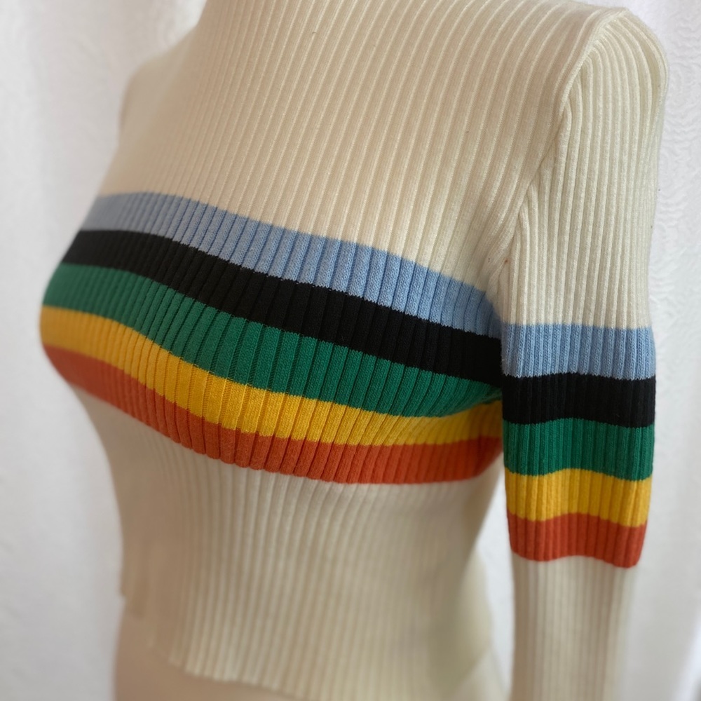 Urban Outfitters Cream & Stripe Ribbed Knit Crop Turtleneck